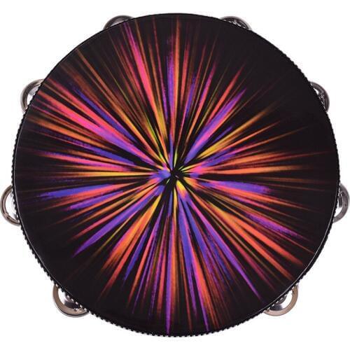 10 Inch Wooden Rdiant Tambourine Handbell Hand Drum with Single Row Jingles Reflective Drum Head Percussion Instrument Child toy