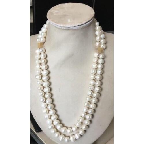 Free shipping long 2row 11-12mm Classic White gray black Freshwater Pearl Necklace
