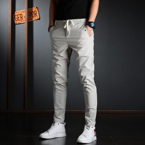 Summer Men Elastic Waist Casual Pants Korean Streetwear Lightweight Cotton Gray Slim Fit Trousers
