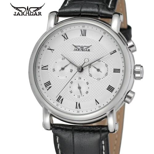 Fashion Jaragar Top Brand Luxury Automatic Mechanical Self-wind 24 Hour Week Date Solid Roman Index Dial Pu Leather Men Watch