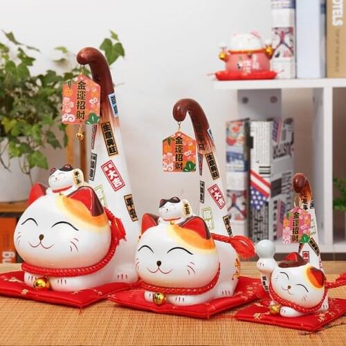 Japanese Style Maneki Neko Ceramic Lucky Cat Cartoon Long Tail Cat Statue Feng Shui Office Desktop Ornament Home Decoration
