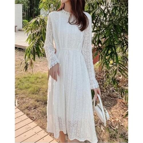 3XL Plus size spring and Autumn long sleeve lace dress O Neck Loose dress bohemian vacation midi dress