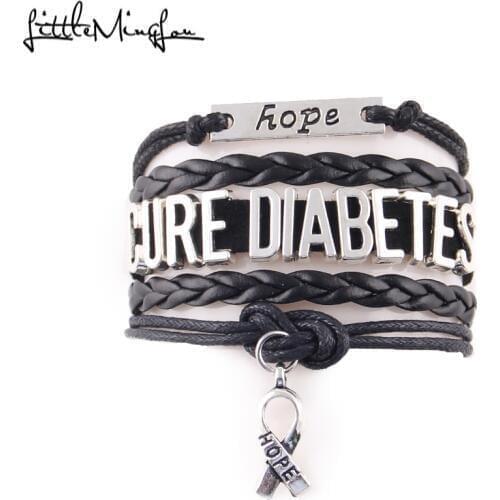 Little MingLou Hope Cure Diabetes Bracelet Ribbon Charm Awareness leather wrap men bracelets & bangles for Women jewelry