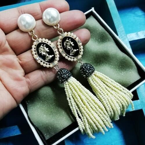 Mimiyagu trendy crystal drop tassel bead earring for women korean luxury big long bohemia earrings
