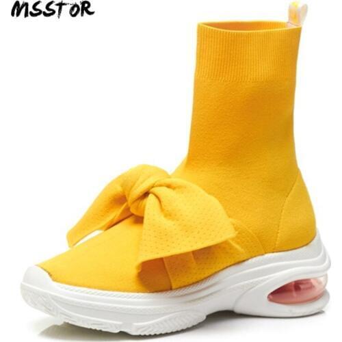 MSSTOR 2018 New Butterfly-knot Knitting Platform Yellow Boots Fashion Sweet Office Autumn Ankle Boots Wedge Women Winter Boots