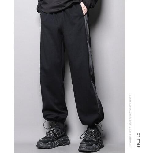 Dark design three bar webbing splicing sports casual pants nine point wide leg pants mens fashion straight leg Leggings
