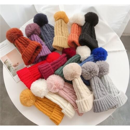 New Fashion Childrens Winter Hat Baby Children Girl Solid Knit Hat Hat Hair Ball Thick Baby Boy Girl Warm Hat Baby Accessories
