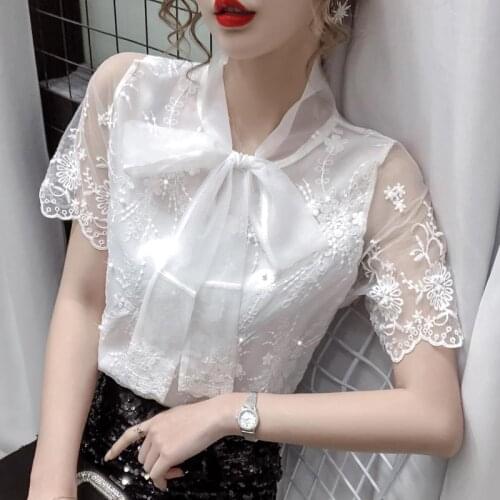 2021 summer new shirt bow embroidery mesh short-sleeved lace shirt top temperament casual fashion womens clothing