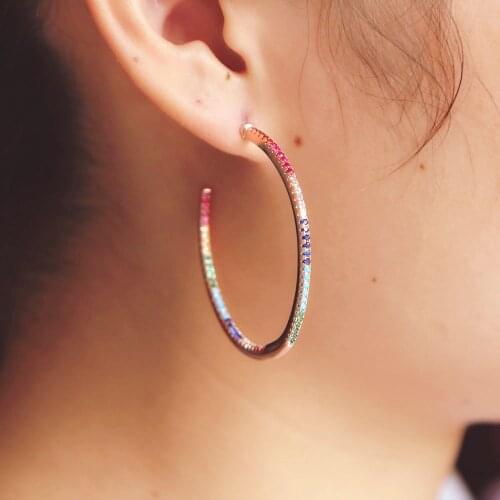 New Cz Hoop Earrings Fashion Trendy Big Round Hoop Earrings Circle Elegant Simple Pierced rose gold rainbow colorful cz earring