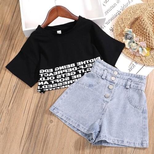 Girls Clothes Childrens Clothing 2021 Summer letter Print Girl T-shirt+ Denim Shorts 2pcs for Girls Clothing Sets