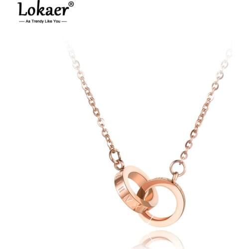 Lokaer Stainless Steel Double Circle Roman Numerals Pendant Necklaces Trendy Chokers Necklace For Women Valentines Day N19003