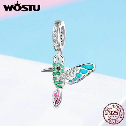 WOSTU Genuine 925 Sterling Silver Kingfisher Bird Dangles Charms Fit Bracelet & Necklace Pendant Original Fashion Jewelry FIC991