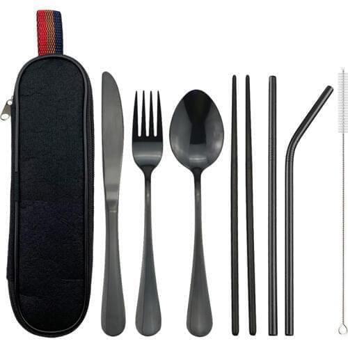 Black Dinnerware Set Travel Portable Cutlery Set Knife Fork Spoon Dinner Set 18/10 Stainless Steel Tableware Silverware With Bag