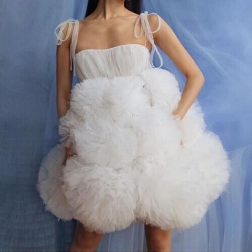 Puffy Dresses For Prom White Short Spaghetti Straps Chic Party Girls Evening Formal Graduation Dresses vestido de fiesta