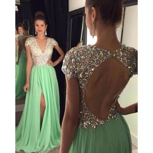 Luxury Mint Green Prom Dress Backless Beaded Special Occasion Party Gown