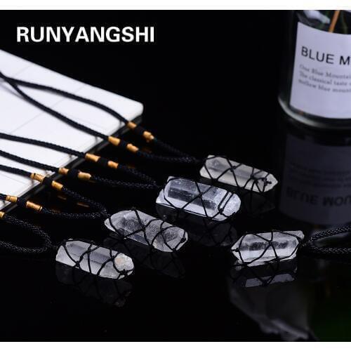 Runyangshi 1pc Natural crystal original stone pendant labrador feldspar Hand woven mesh Necklace Moonstone Gemstone ornament