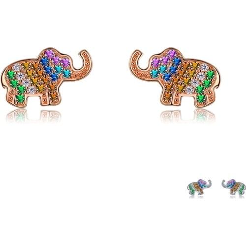 ZEMIOR 925 Sterling Silver For Women Sparkling Elephant Animal Stud Earrings Cute Handmade Jewelry Multicolor Zircon Earring