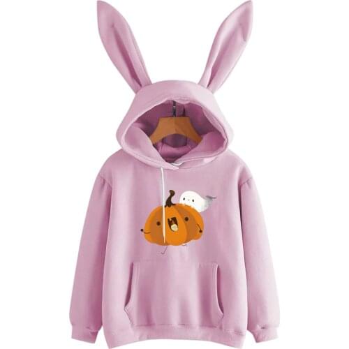 Harajuku Women Sweatshirt Halloween Cute Pumpkin Print Bunny Hoodies With Long Rabbit Ears Funny Clothes Pullover Sudaderas