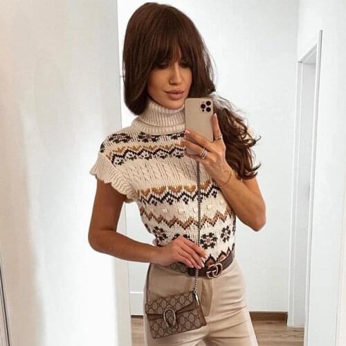 Ardm Vintage Sweater Vest Geometry Jacquard Cropped Cable-Knit High Neck Ruffled Armholes Female Waistcoat Mujer Chic Tops
