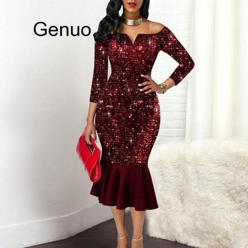 Women Red Sequin Mermaid Dress Elegant Off Shoulder Ruffles Party Dress Sexy Club Sequin Midi Dresses Vestidos De Verano