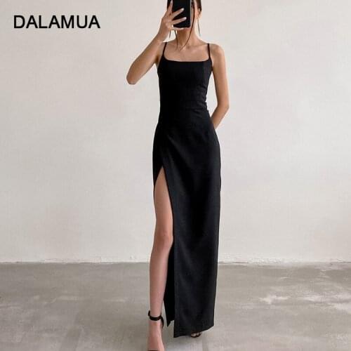 Women Slip Dress Sexy High Split Sleeveless Solid Black Elegant 2021 Summer New Lady Outfits Spaghetti Strap Female Long Dresses