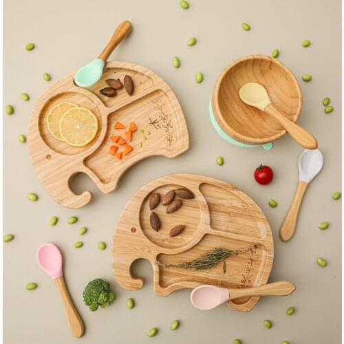 1Set Baby Feeding Bowl Baby Dinner Plate Cartoon Elephants Bamboo Kids Feeding Dinnerware With Silicone Suction Cup Wooden Spoon