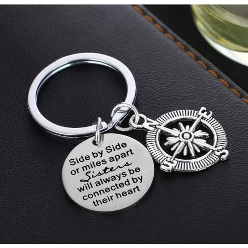 12PC Side By Side Or Miles Apart Sisters Will Always Be Connected By Their Heart Compass Keyring Sisters Birthday Gifts Jewelry