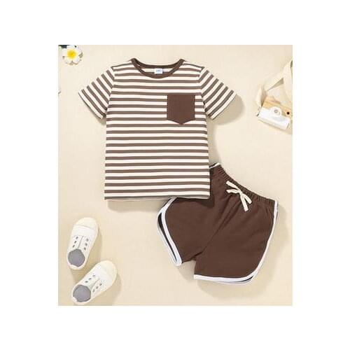 2021 newest arrival Toddler Boy 2Pcs Clothes Set Short Sleeve Striped Pocket T-Shirt+Short Pants Set