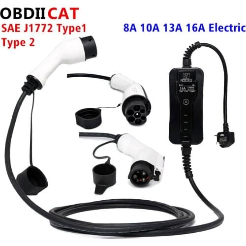 EV Charger Type1 Type2 8/10/13/16A For Electric Vehicle Portable EVSE Charging Cable 5M EU Plug J1772