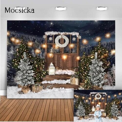 Christmas kids birthday backdrop for photography retro wood door gliiter night Christmas tree background Outside winter Forest