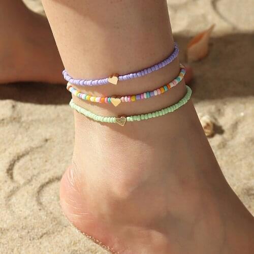 Boho Geometric Love Heart Anklets Set for Women Fashion Handmade Colorful Round Beads Adjustable Elastic Bracelet ankle on Leg