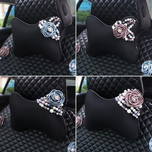 Rhinestone Pearls Flower Car Headrest Pillow Ice Silk Neck Waist Supports Cushion For Women Girls Auto Seat Cover Accessories