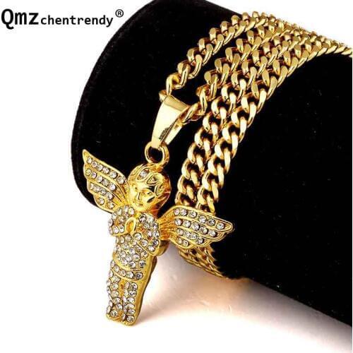 Hip hop Gold Bling Iced Out Crystal Angel Wings necklaces & pendants necklace women hip hop jewelry for Christmas gift