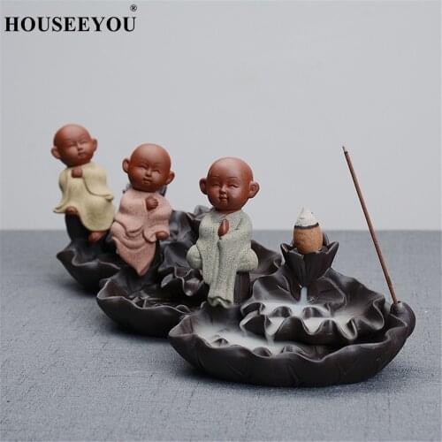 HOUSEEYOU The Little Monk Censer Creative Home Decor Small Buddha Incense Holder Backflow Incense Burner burner + 10Pcs Cones