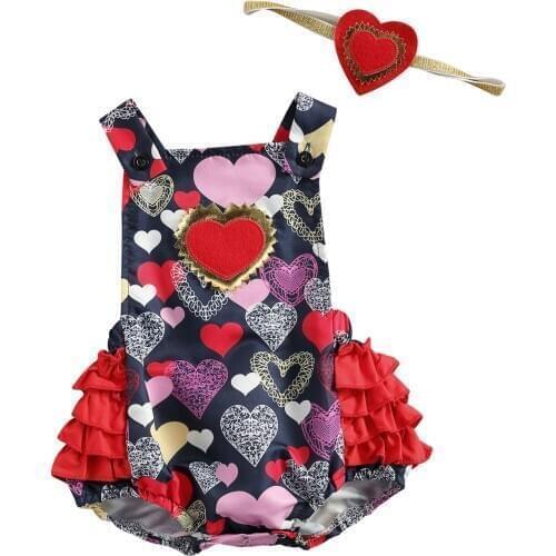 Valentines Days Baby Girls Bodysuits Headband 2pcs LOVE Heart Print Ruffles Sleeveless Jumpsuits