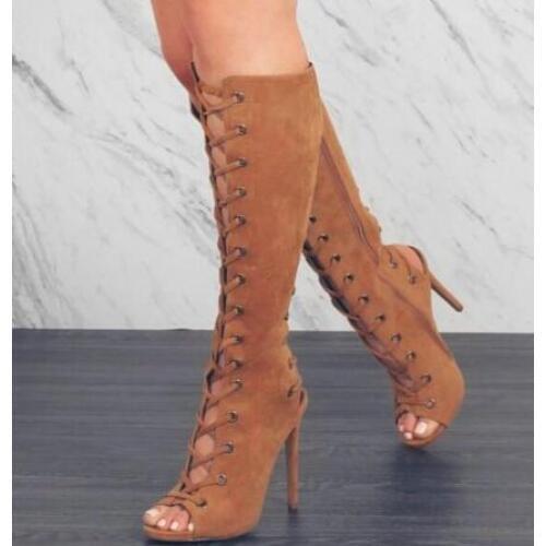 Tan Lace Up Retro Stiletto Heels Slingback Suede Knee-high Boots Sexy Peep Toe Cutouts Gladiator Sandal Boots Woman