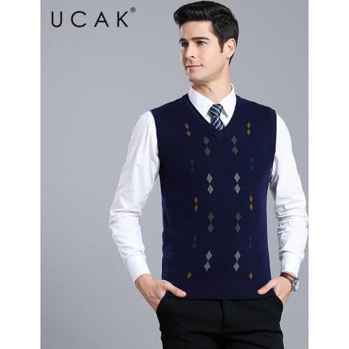 UCAK Brand Sweater Vests Men Clothes Streetwear Wool V-Neck Vest Autumn Winter Striped Sweater Pull Homme Men Clothing U1108