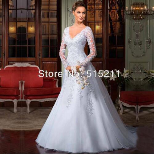 A line 2015 New Elegant V neck White Appliques Sexy Backless Wedding Gowns Long Sleeve Lace Wedding Dresses vestido de noiva