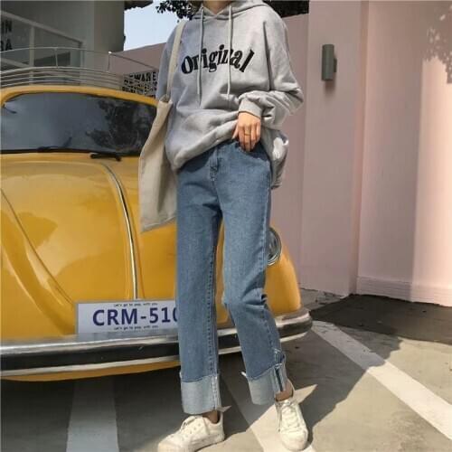 Wholesale 2021 Fashion Retro jeans women\s loose thin high-waisted fat sister all-match rolled-edge casual wide-leg pants