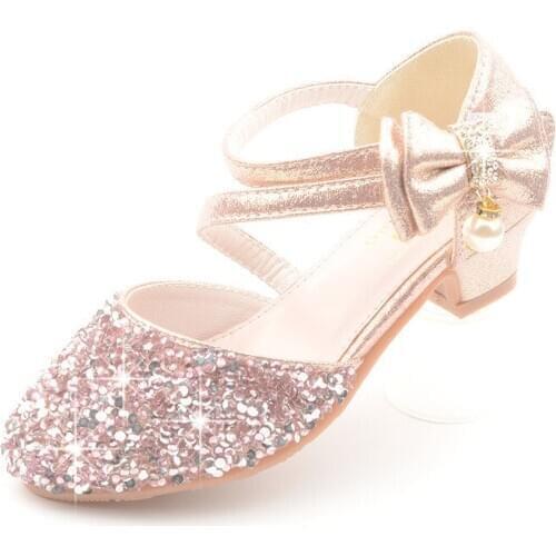 3-12 Years Fashion Crystal Sequins Bow Kids Princess Summer High Heels Leather Shoes For Girls Children Sandal Party Dance Shoe