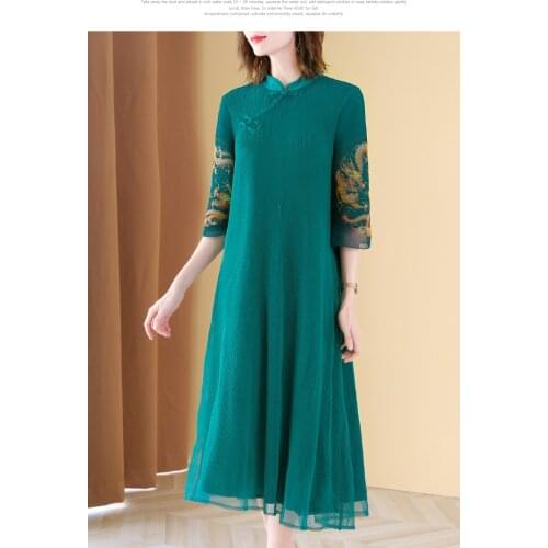 HOT SELLING Chinese style fold half sleeve Dragon printing Net Yarn Buttons Improved cheongsam dress IN STOCK