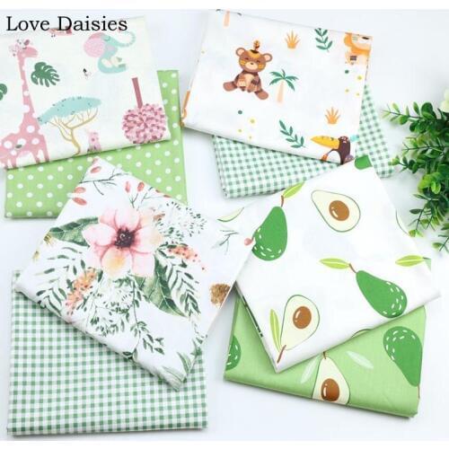 100% Cotton Twill Fabric Cartoon Forest Indian Animals Big Pink Flowers Avocado for Kids Girl Apparel Dress Skirt Sheet Craft
