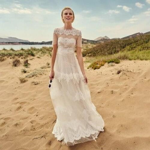 Chic Bridal Robe Short Sleeve Beach Wedding Dress Lace 2021 Elegant A Line Floor Length Bridal Gowns Robes De Mariage