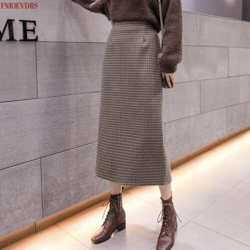A Line Winter Skirts Women Hot Warm Design Elegant Lady Office Long Skirt Plaid Printed Elastic High Waist Skirts Woolen