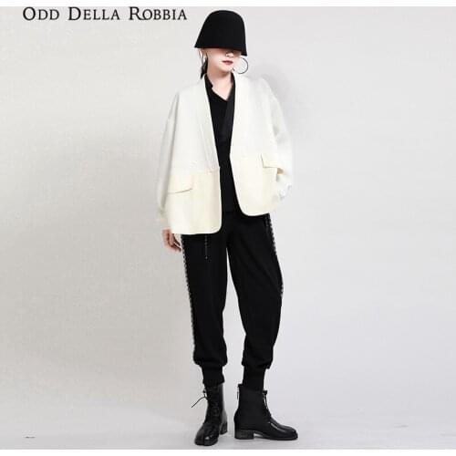 OddDellaRobbia 2021 Spring New Japanese Women Casual Oversizev-Neck Knitted Cardigan Stitching Drawstring Waist Blazer 1569