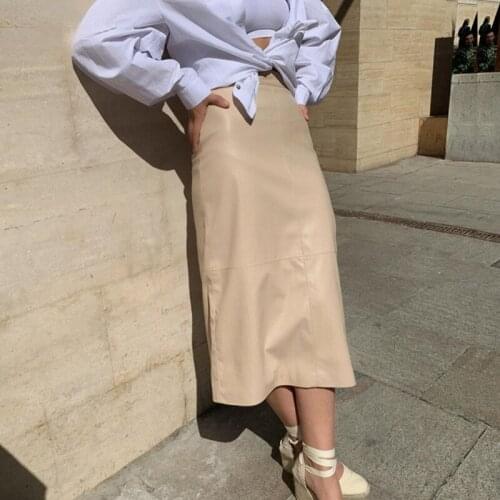 Fashion PU Leather Patchwork Women Skirts High Waist Zipper Female Mid Length Skirt Solid Simple A-Line Casual Ladies Bottoms
