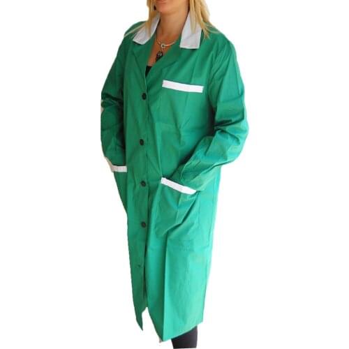 Green shirts woman apron kindergarten teacher working-cleaning company supermarket