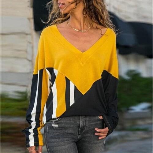 Autumn Patchwork Women’s Shirt Casual V-Neck Long Sleeve Tee Shirt Femme Fashion Loose Ladies Top Plus Size T-Shirts For Women