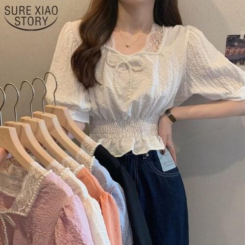 Vintage White Pearl Beading Shirts Square Collar Cropped Tops Korean Lace Patchwork Puff Sleeve Blouse Women Blusas Mujer 15332