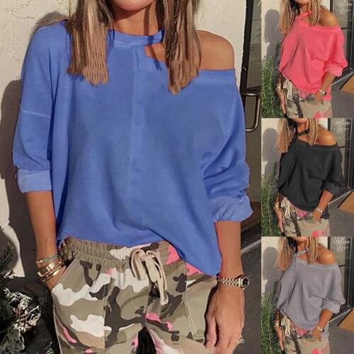 Women Blouses Casual Women Long Batwing Sleeve One Shoulder Halter Blouse Baggy Pullover Top Plus Size Top